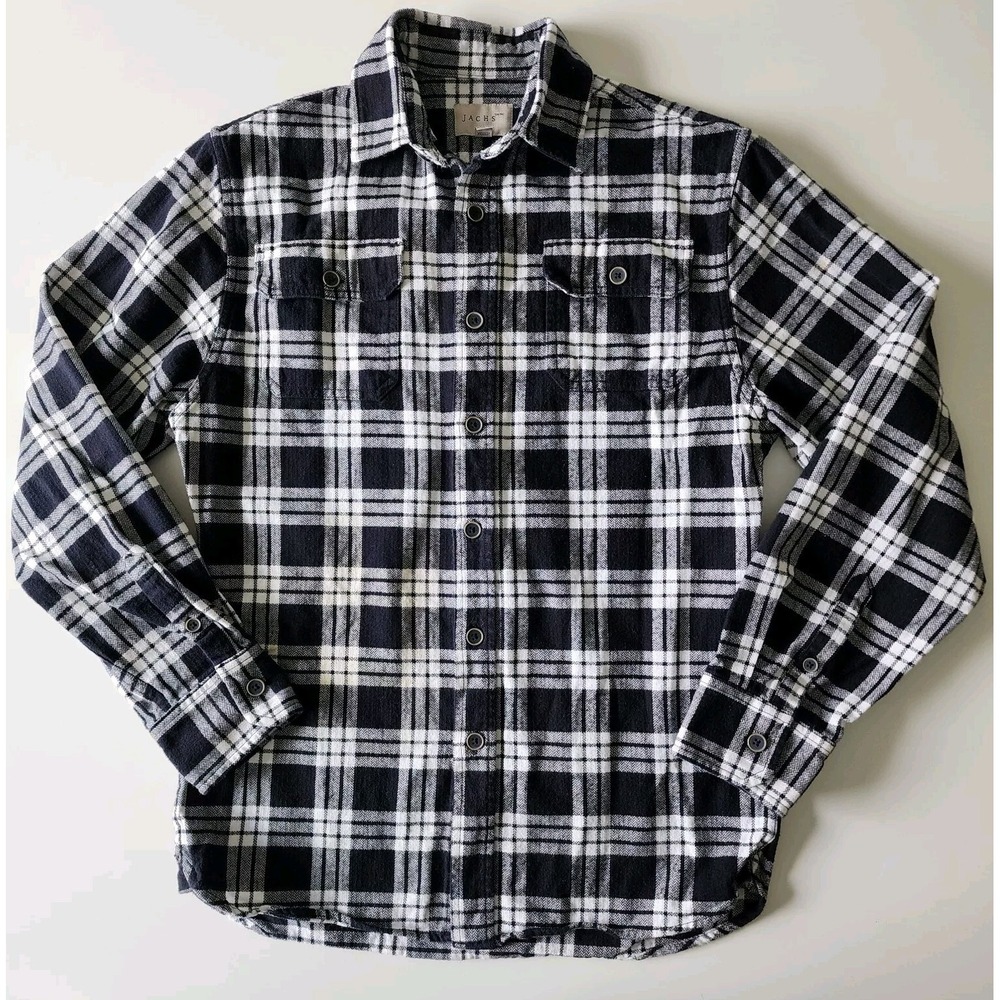 JACHS Plaid Flannel Shirt Mens Small Black White Buffalo Check Long Sleeve Soft